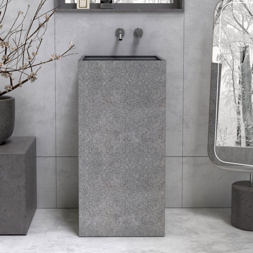 Patala Neroco Granite Pedestal Sink — additional room view showing the full column and basin