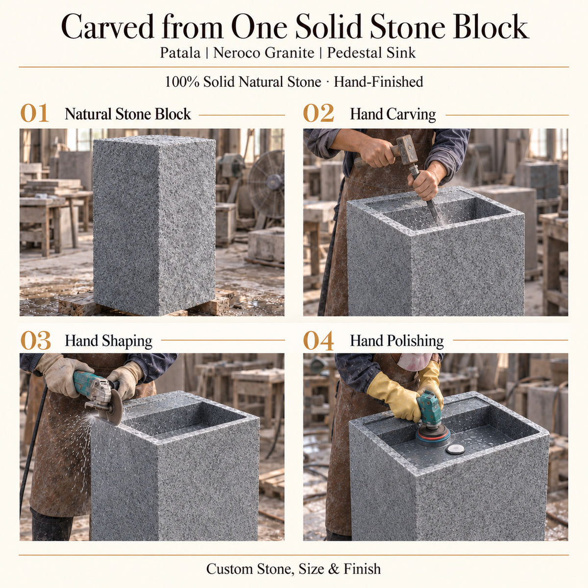 Patala Neroco Granite Pedestal Sink carved from one solid natural stone block with hand carving, shaping and polishing