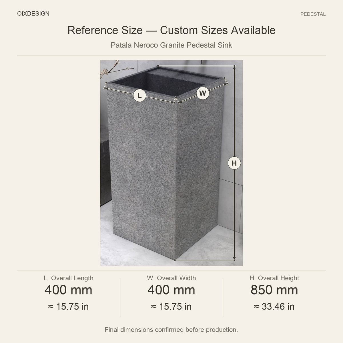 Patala Neroco Granite Pedestal Sink reference overall dimensions in millimeters and inches