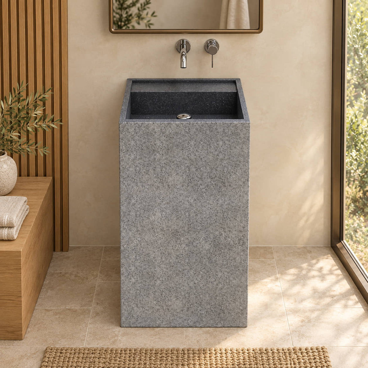 Patala Neroco granite pedestal sink from the front in an ivory and oak bathroom with warm natural light
