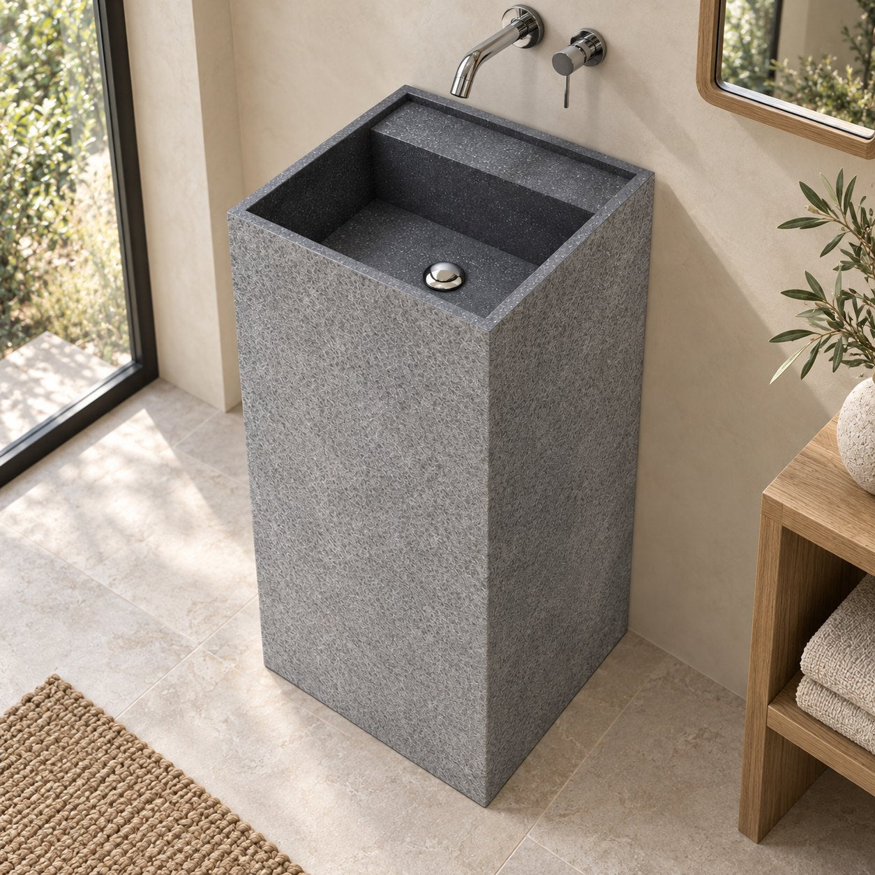 Patala Neroco Granite Pedestal Sink — elevated oblique full pedestal lifestyle