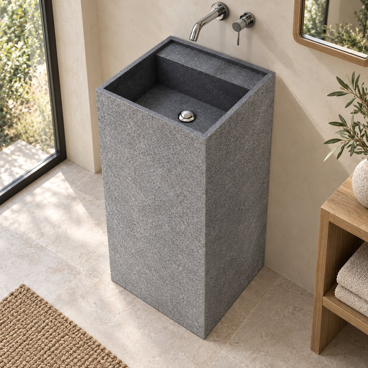 Patala Neroco Granite Pedestal Sink — elevated oblique full pedestal lifestyle
