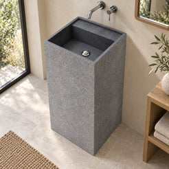 Patala Neroco Granite Pedestal Sink — elevated oblique full pedestal lifestyle