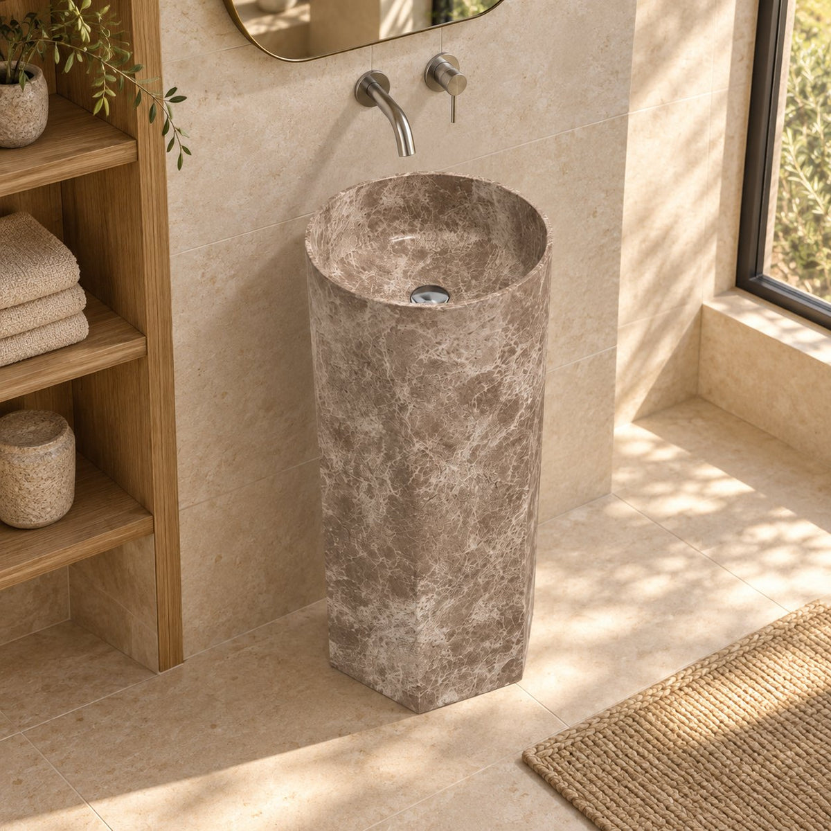Patali Dorata Marble Pedestal Sink — high oblique full pedestal lifestyle