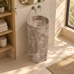 Patali Dorata Marble Pedestal Sink — high oblique full pedestal lifestyle