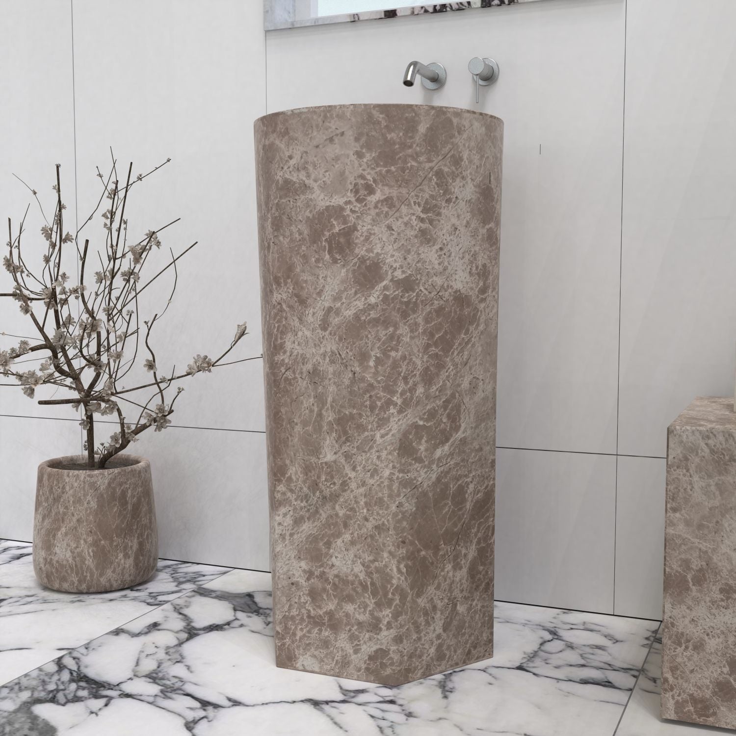 Patali Dorata Marble Pedestal Sink — complete pedestal sink in a bathroom setting