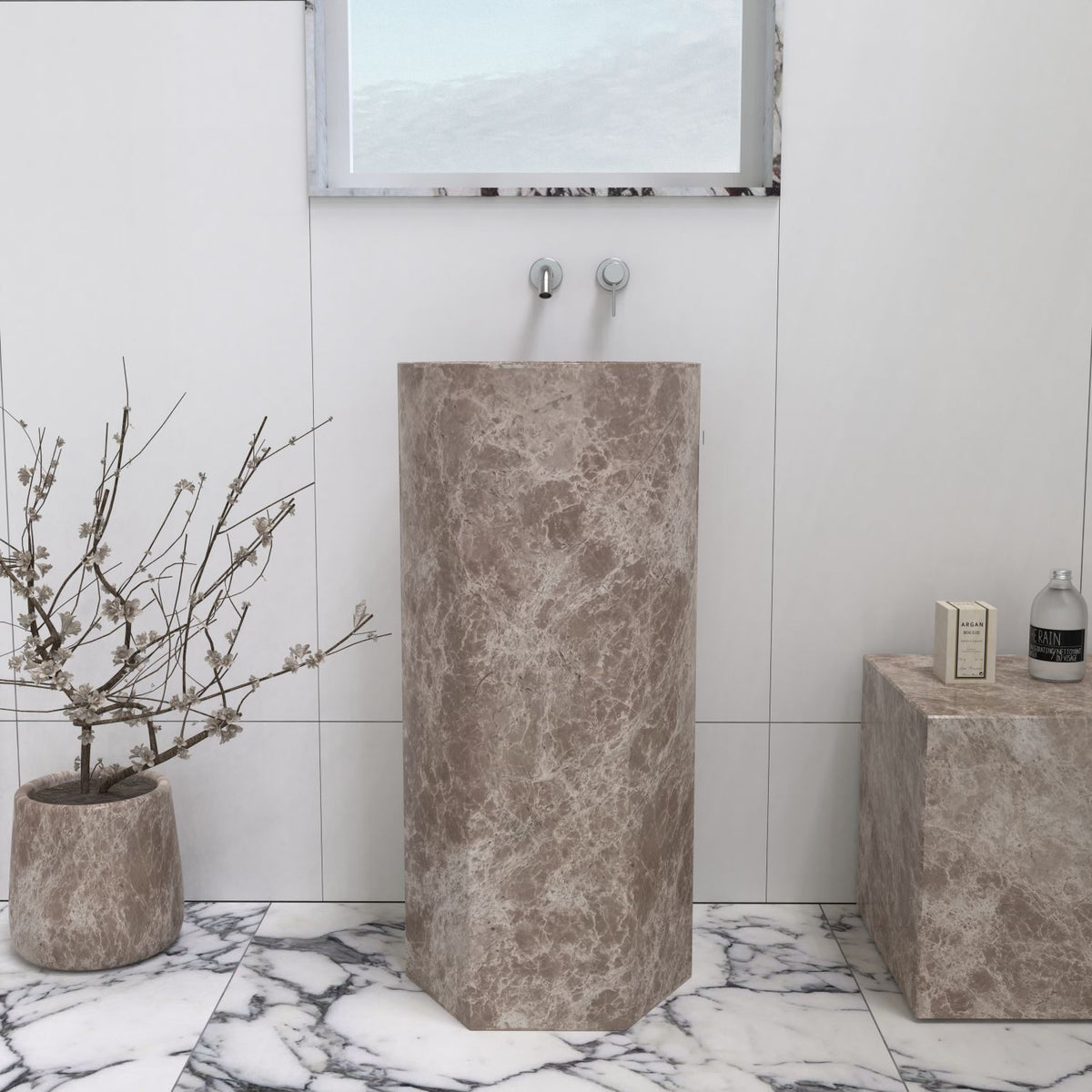 Patali Dorata Marble Pedestal Sink — alternate view showing the full basin and floor-standing base