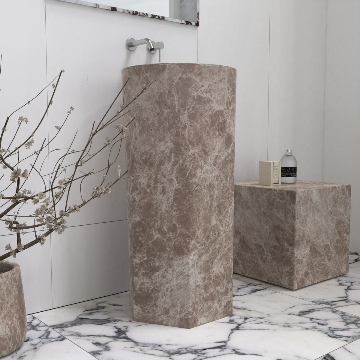 Patali Dorata Marble Pedestal Sink — another room angle of the complete pedestal profile