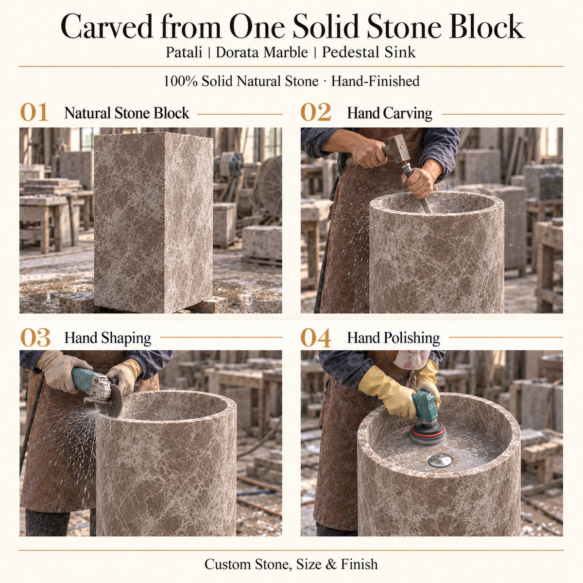 Patali Dorata Marble Pedestal Sink carved from one solid natural stone block with hand carving, shaping and polishing