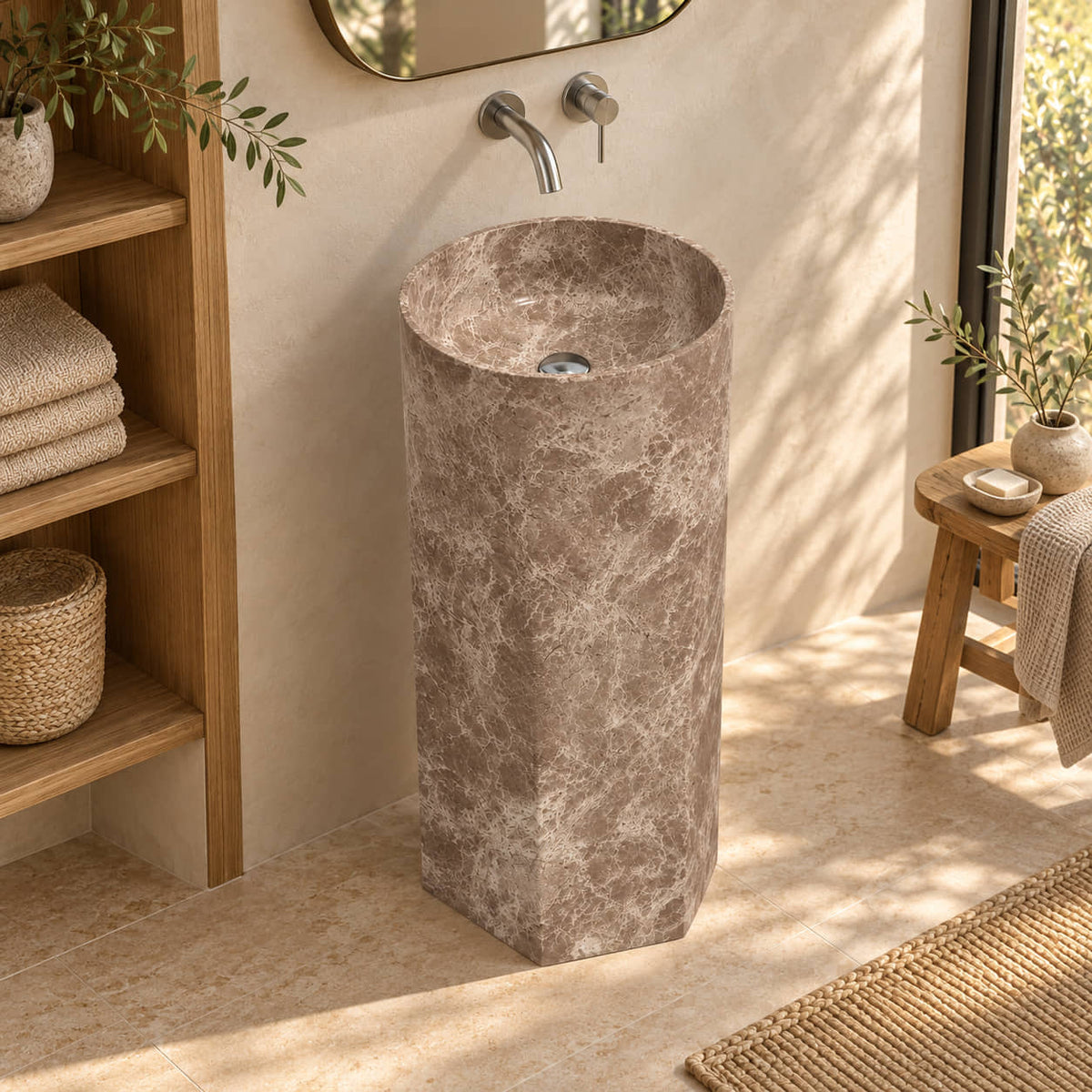 Patali Dorata marble pedestal sink with faceted lower body in a warm bathroom with oak linen niche