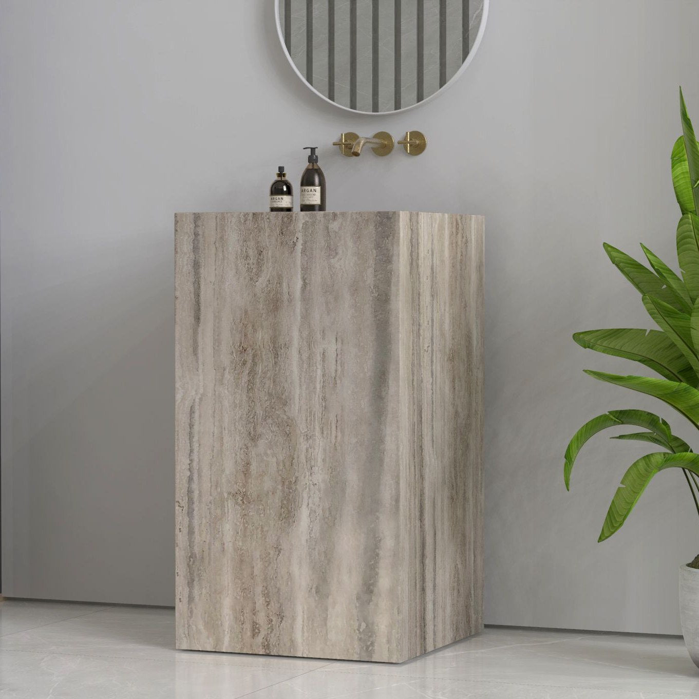 Patava Roman Silver Travertine Pedestal Sink — complete pedestal sink in a bathroom setting