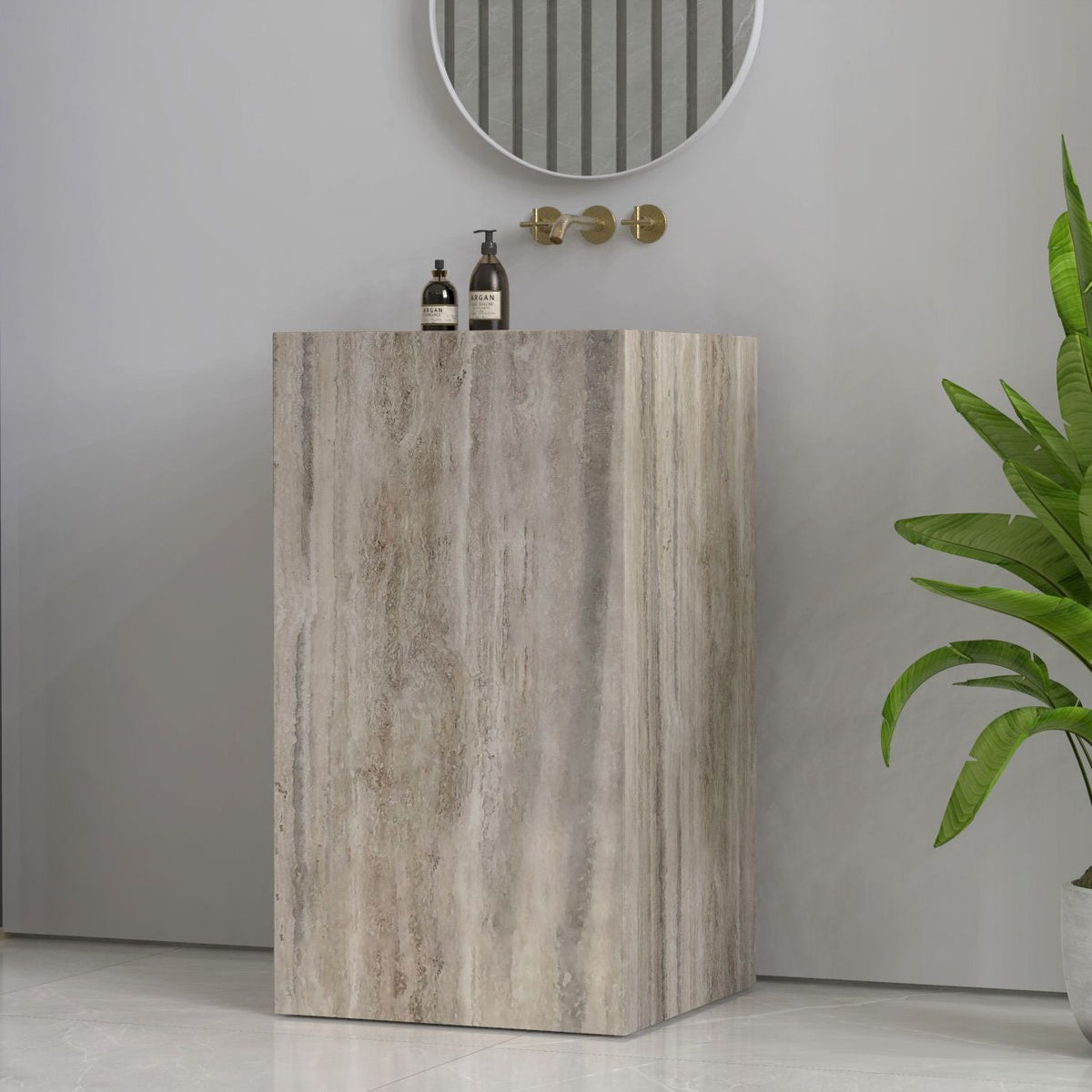 Patava Roman Silver Travertine Pedestal Sink — complete pedestal sink in a bathroom setting