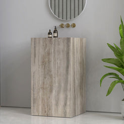 Patava Roman Silver Travertine Pedestal Sink — complete pedestal sink in a bathroom setting