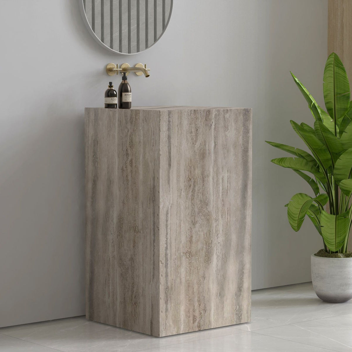 Patava Roman Silver Travertine Pedestal Sink — another room angle of the complete pedestal profile
