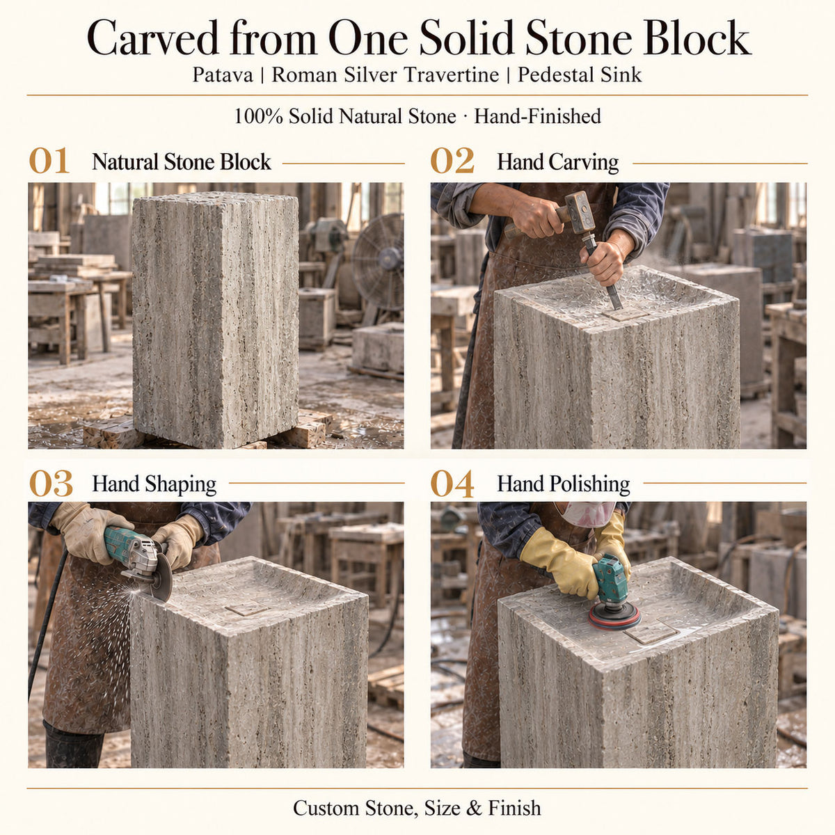 Patava Roman Silver Travertine Pedestal Sink carved from one solid natural stone block with hand carving, shaping and polishing