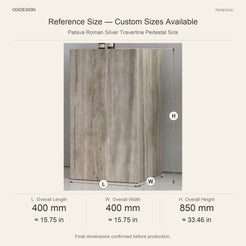 Patava Roman Silver Travertine Pedestal Sink reference overall dimensions in millimeters and inches