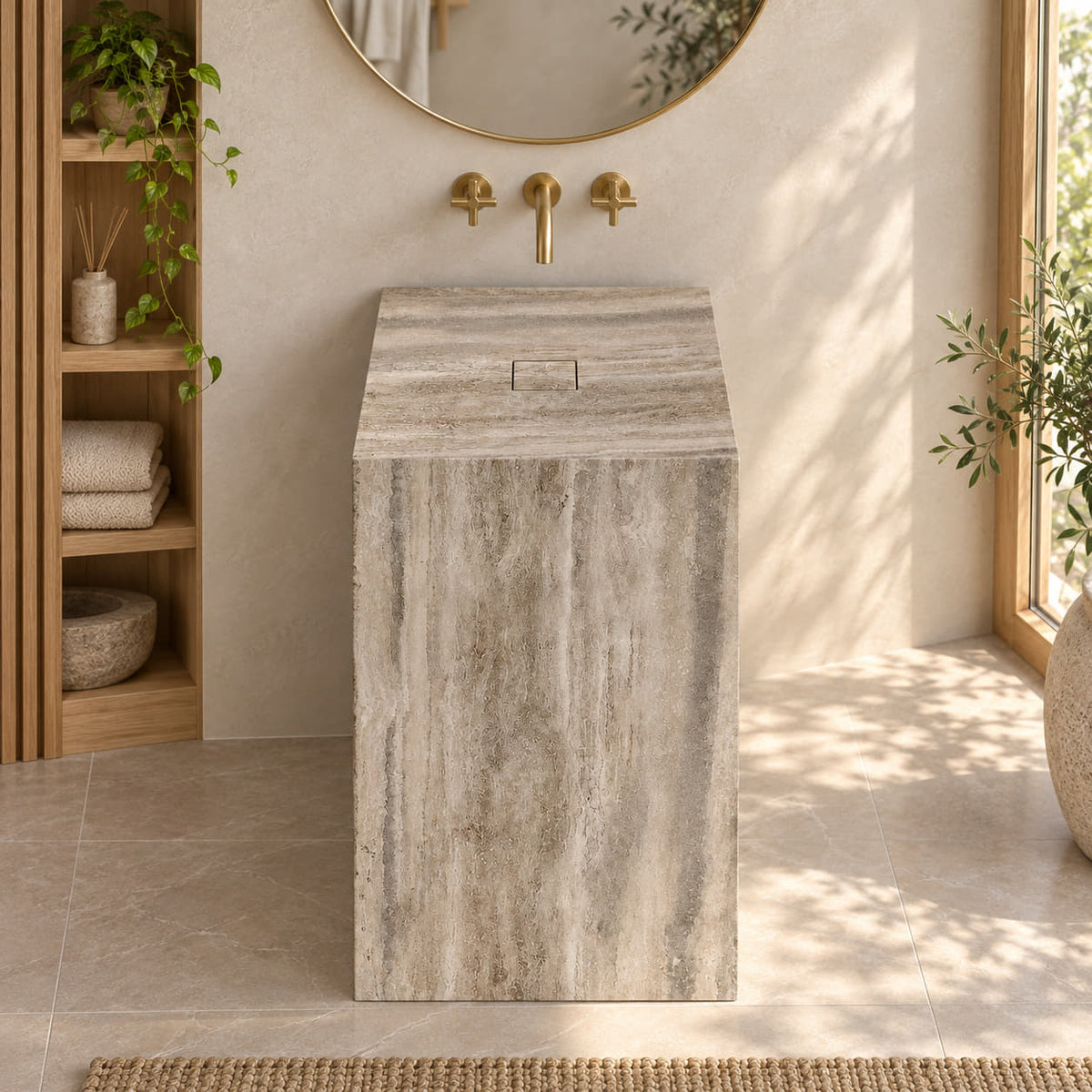 Patava Roman Silver travertine pedestal sink with shallow wash surface and square stone drain cover in a warm bathroom