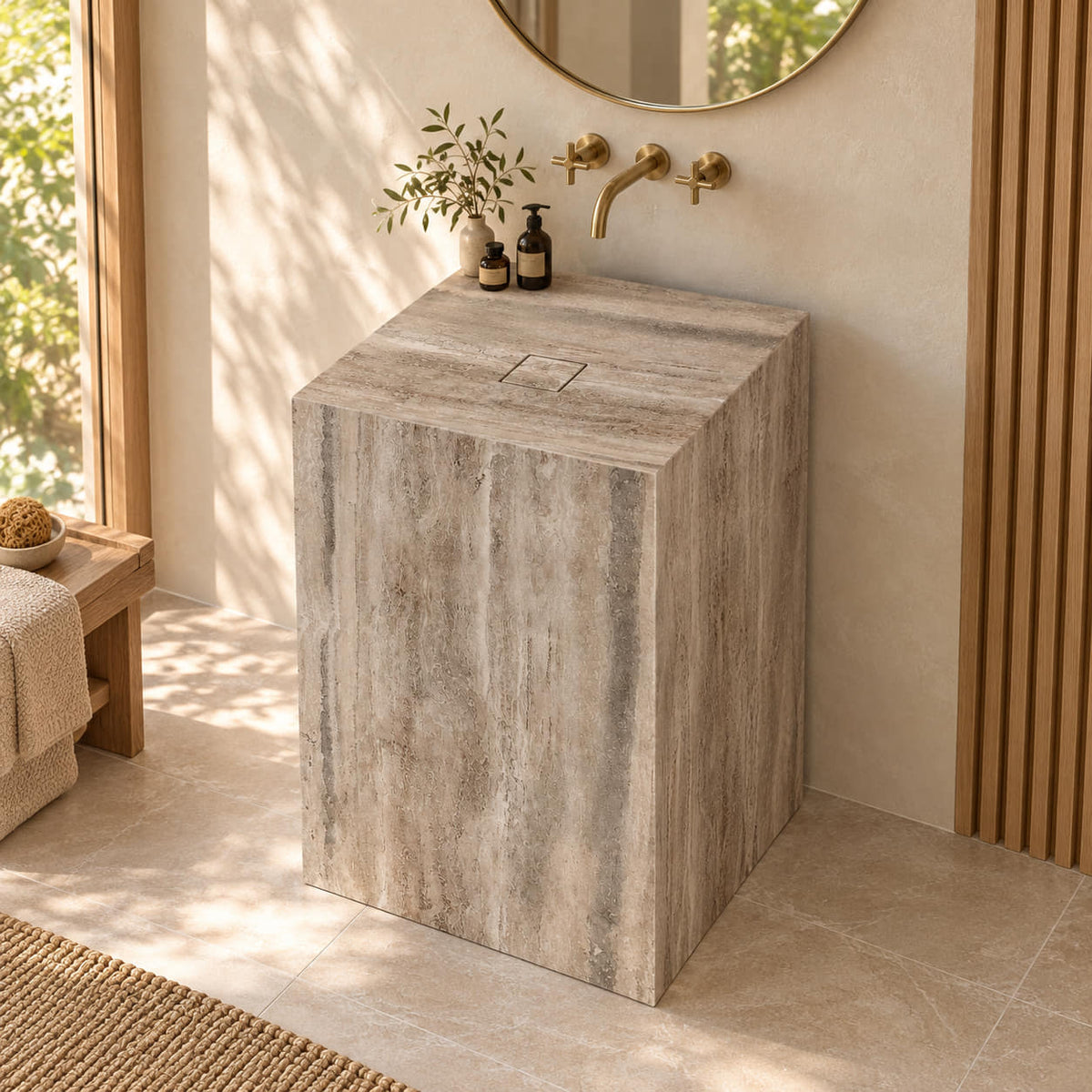 Patava Roman Silver travertine pedestal sink with square stone drain cover in a warm bathroom from an opposite three quarter view