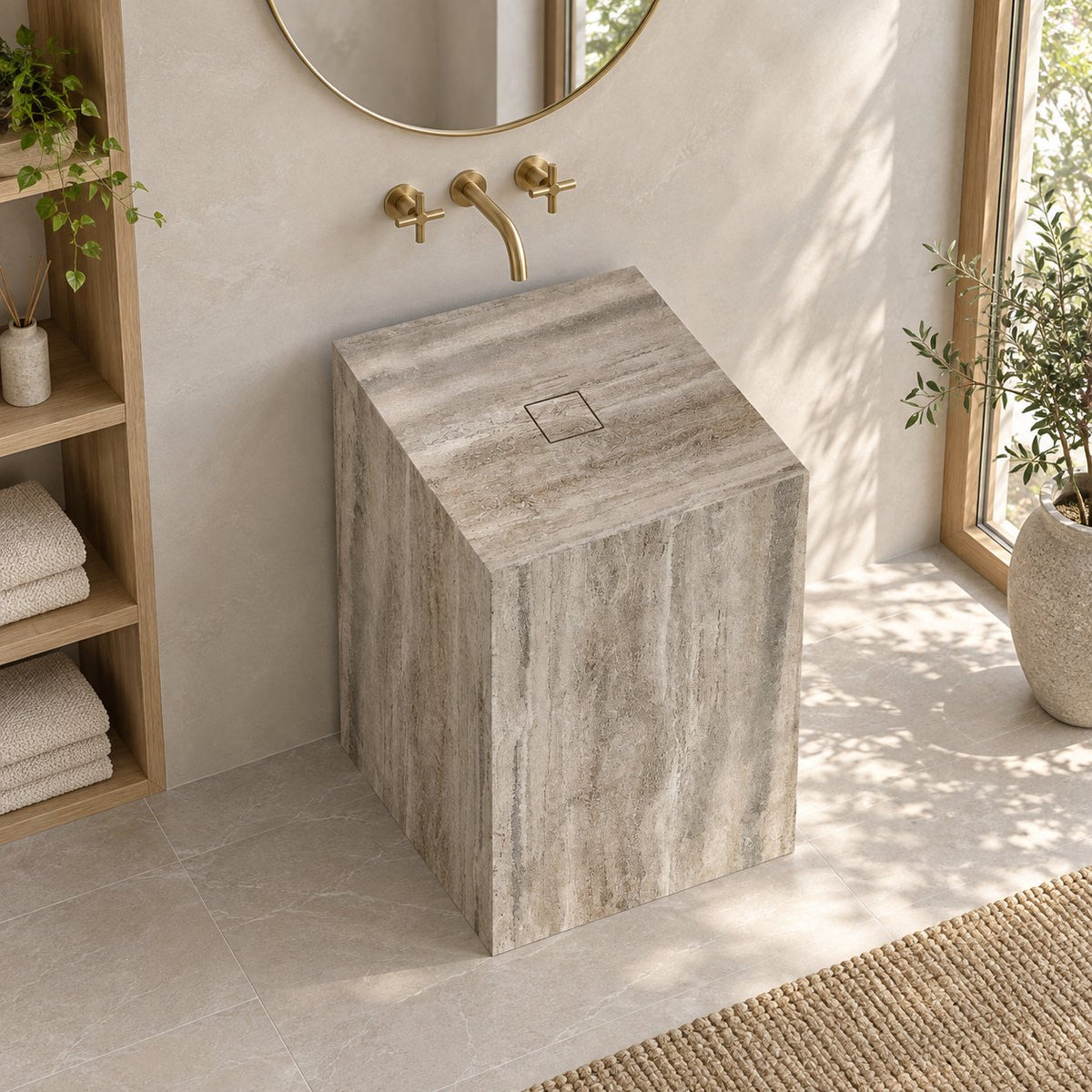 Patava Roman Silver Travertine Pedestal Sink — high oblique full pedestal lifestyle with shallow square basin