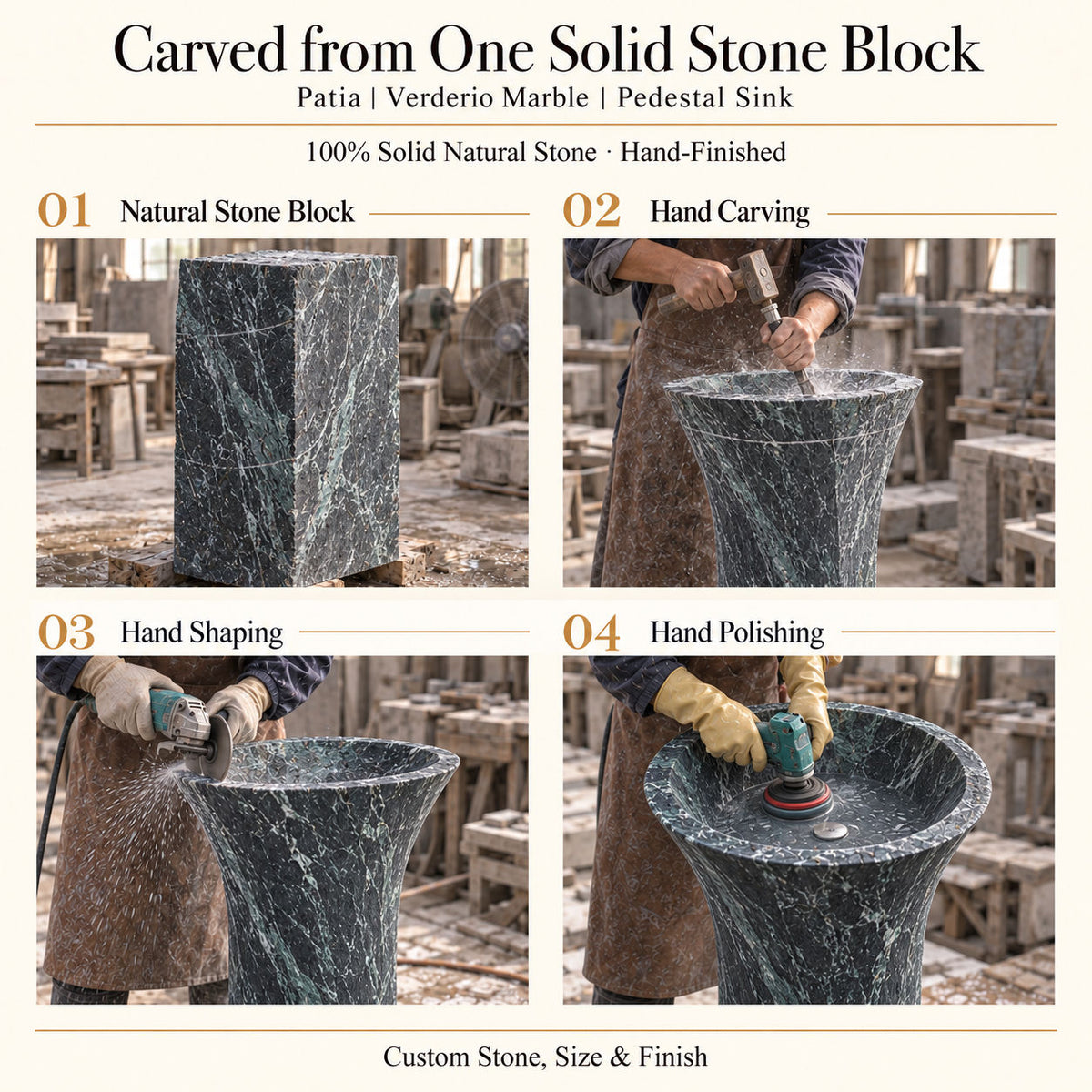Patia Verderio Marble Pedestal Sink carved from one solid natural stone block with hand carving, shaping and polishing