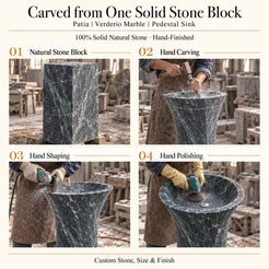 Patia Verderio Marble Pedestal Sink carved from one solid natural stone block with hand carving, shaping and polishing