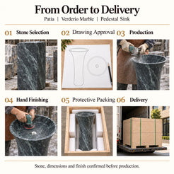 Patia Verderio Marble Pedestal Sink order process from stone selection and drawing approval to production, hand finishing, protective packing and delivery