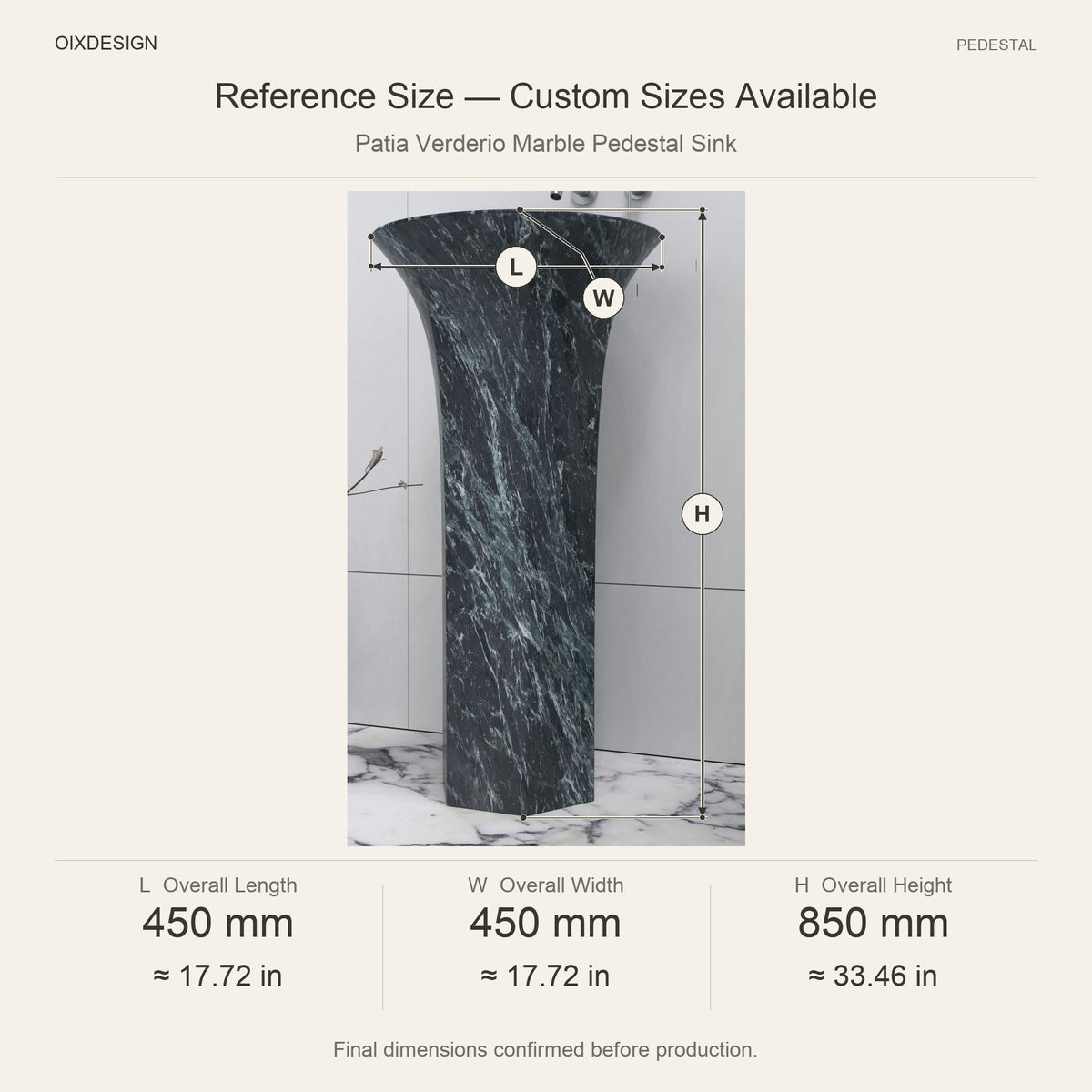 Patia Verderio Marble Pedestal Sink reference overall dimensions in millimeters and inches