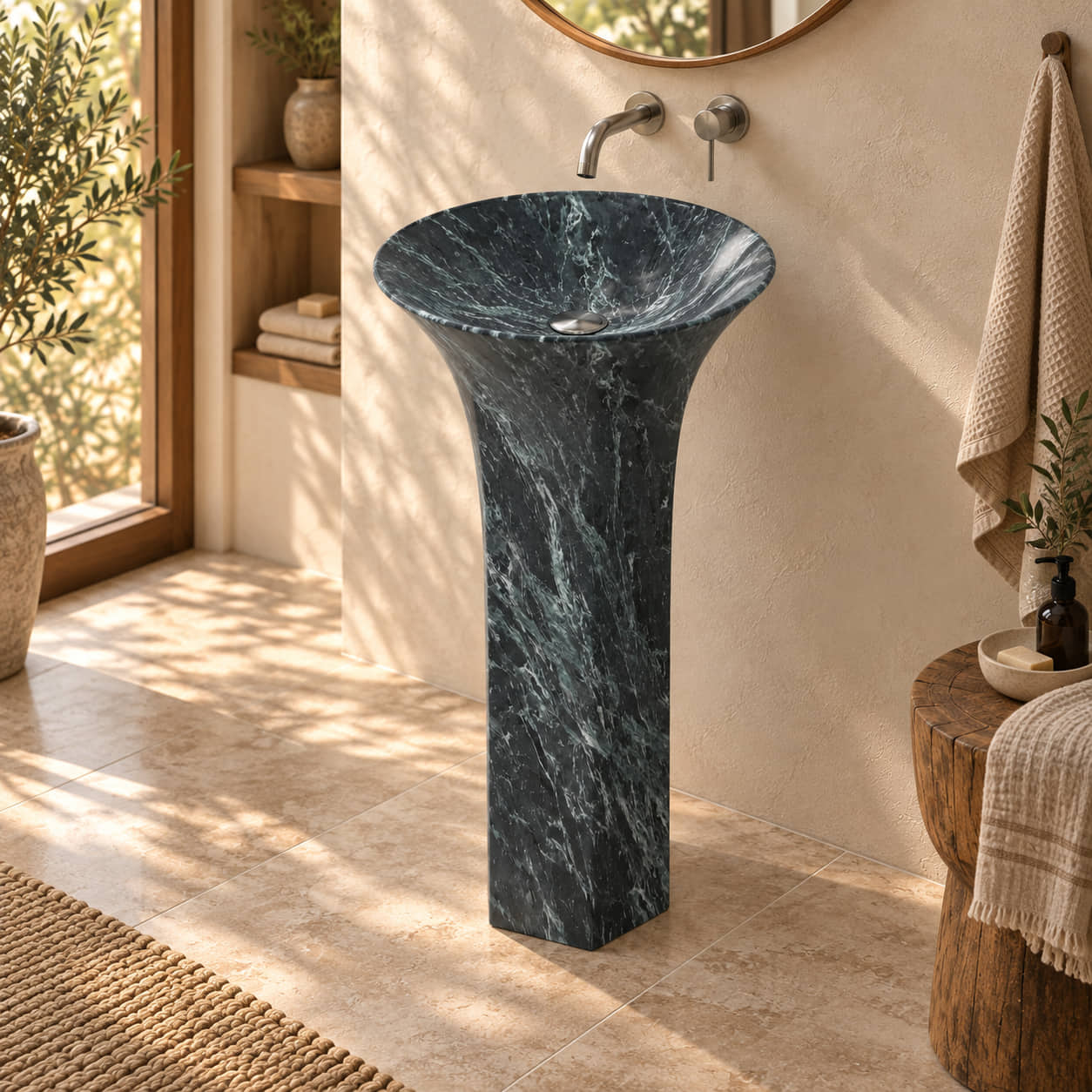 Patia Verderio Marble Pedestal Sink with a continuously flared basin and slender chamfered stone pedestal in a warm cream and natural oak bathroom, three-quarter view.