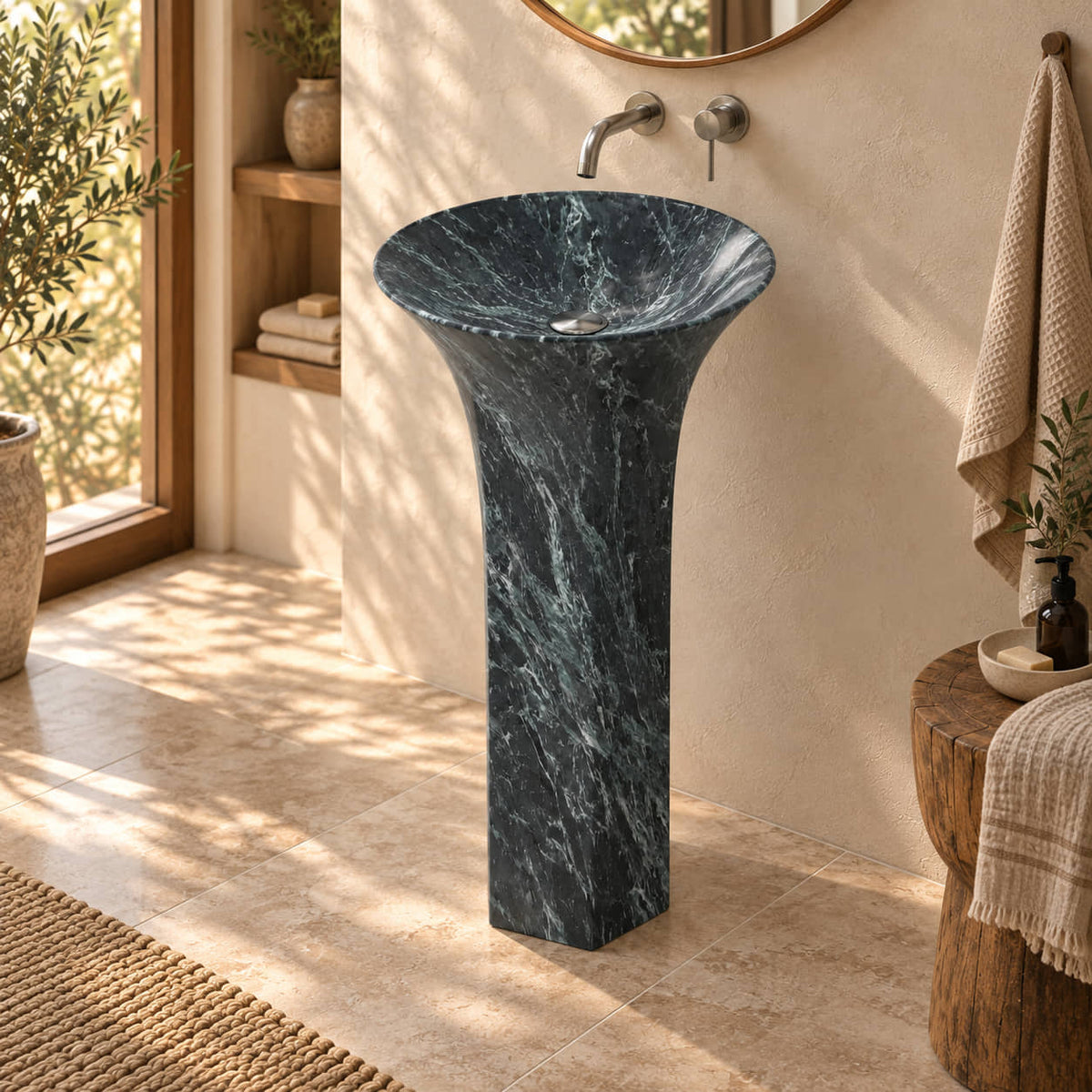 Patia Verderio Marble Pedestal Sink with a continuously flared basin and slender chamfered stone pedestal in a warm cream and natural oak bathroom, three-quarter view.