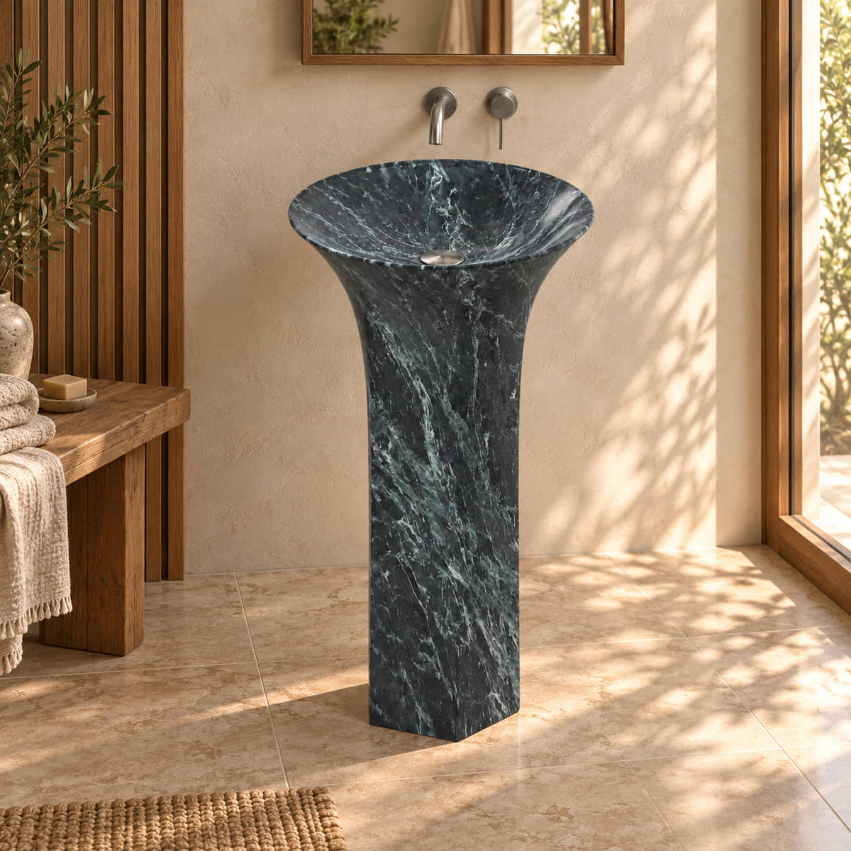 Patia Verderio marble pedestal sink with flared basin and slim carved column in a warm ivory and oak bathroom