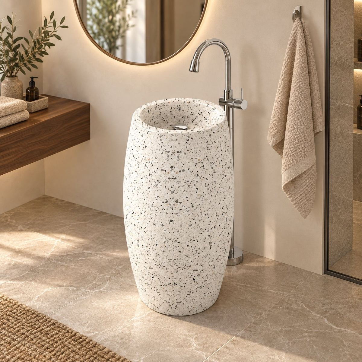 Patra Alba White Terrazzo Pedestal Sink — three-quarter full pedestal bathroom lifestyle