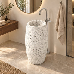 Patra Alba White Terrazzo Pedestal Sink — three-quarter full pedestal bathroom lifestyle