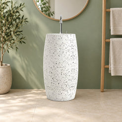 Patra Alba White Terrazzo Pedestal Sink — frontal full pedestal bathroom lifestyle