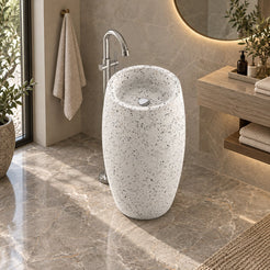 Patra Alba White Terrazzo Pedestal Sink — elevated opposite-side full pedestal bathroom lifestyle