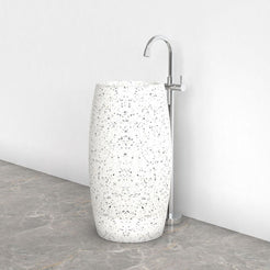 Patra Alba White Terrazzo Pedestal Sink — complete white terrazzo pedestal in a bathroom corner