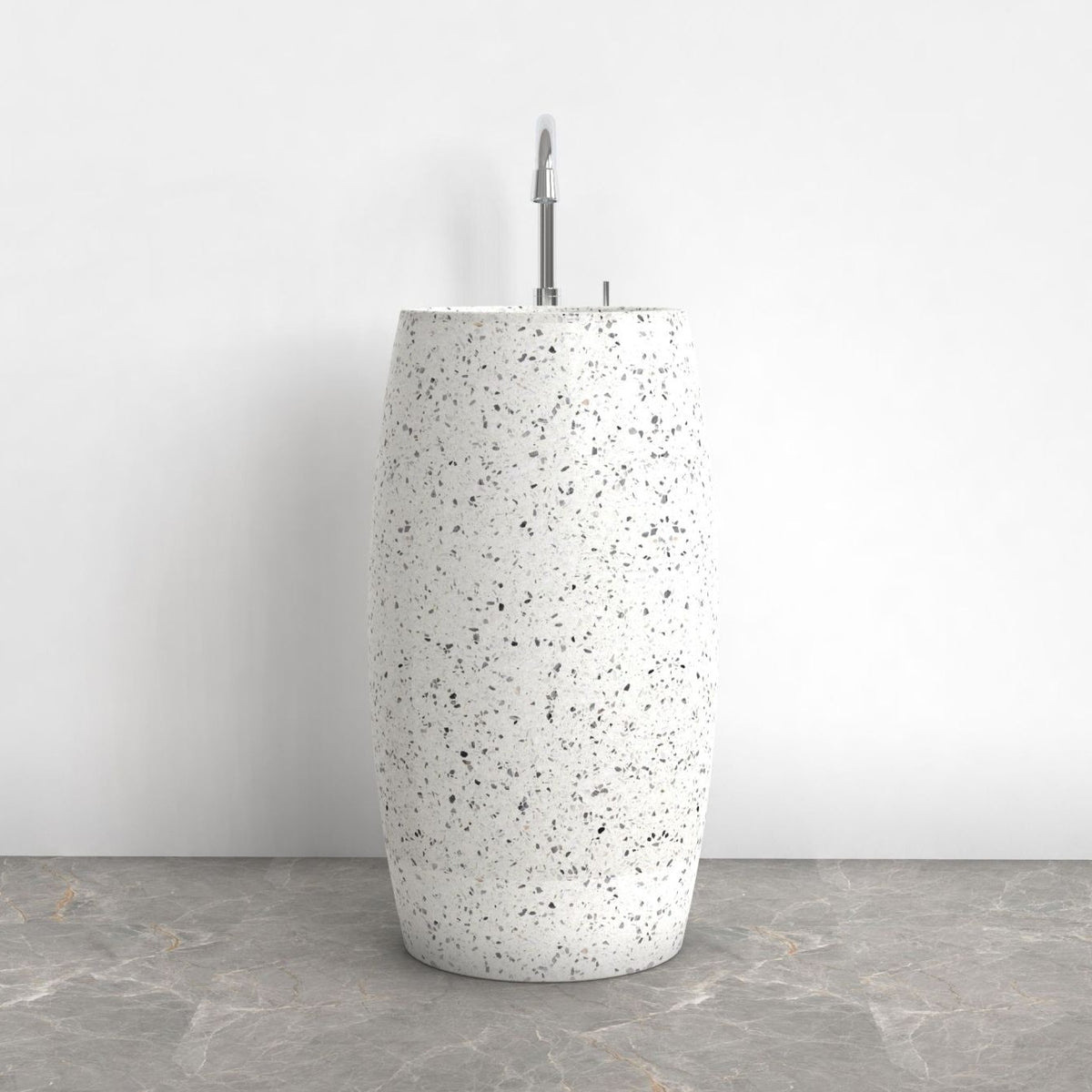 Patra Alba White Terrazzo Pedestal Sink — front bathroom view showing the full-height column and basin