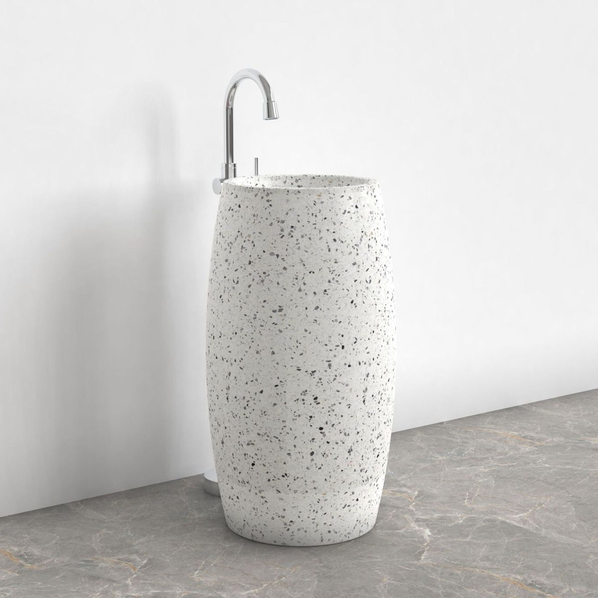 Patra Alba White Terrazzo Pedestal Sink — opposite room angle showing the complete pedestal profile