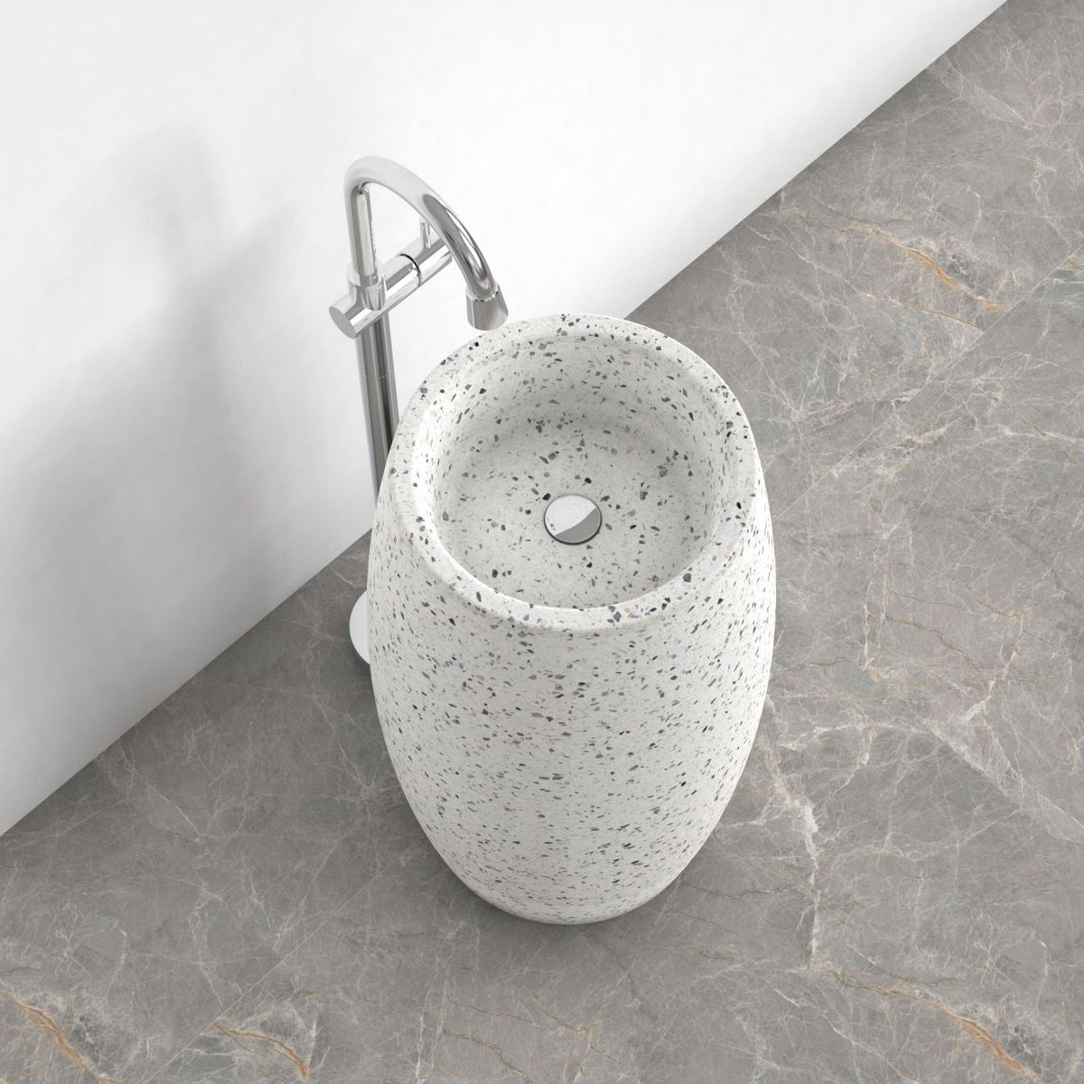 Patra Alba White Terrazzo Pedestal Sink — upper basin view showing the rim and fine aggregate