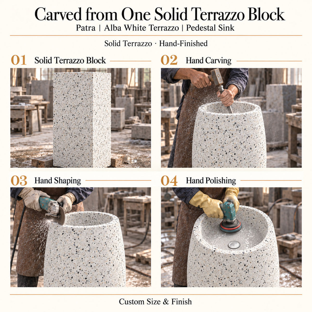 Patra Alba White Terrazzo Pedestal Sink carved from one solid terrazzo block with hand carving, shaping and polishing