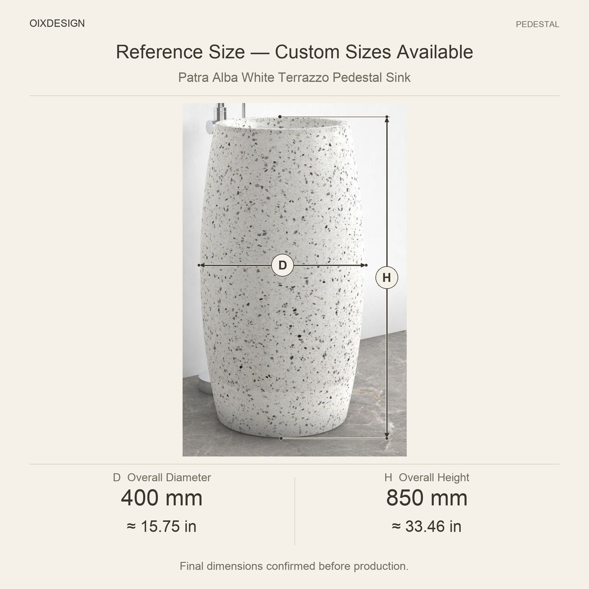 Patra Alba White Terrazzo Pedestal Sink reference overall dimensions in millimeters and inches