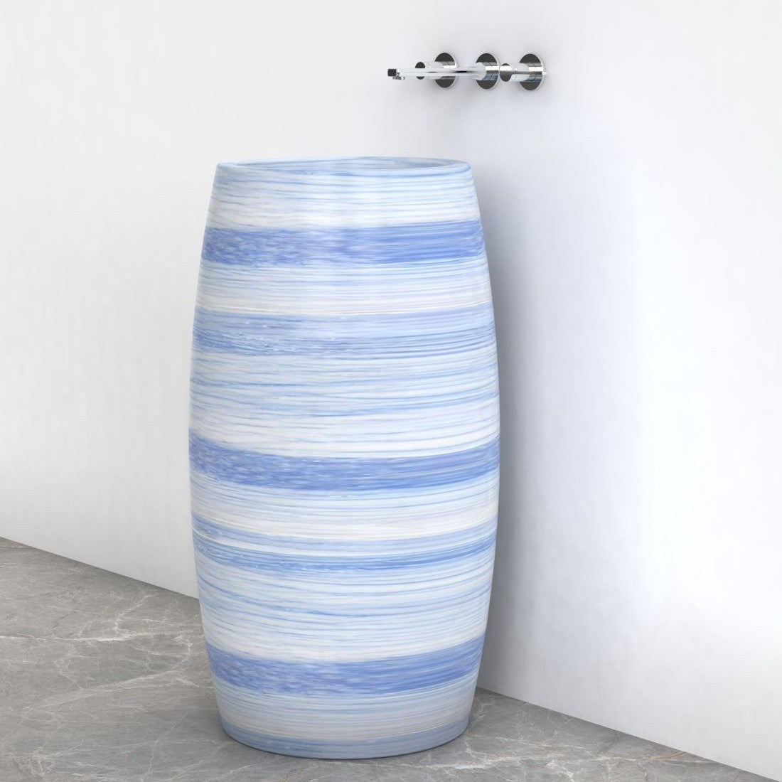 Patra Azura Blue Quartzite Pedestal Sink — complete rounded pedestal and circular basin in a bathroom corner