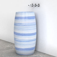 Patra Azura Blue Quartzite Pedestal Sink — complete rounded pedestal and circular basin in a bathroom corner