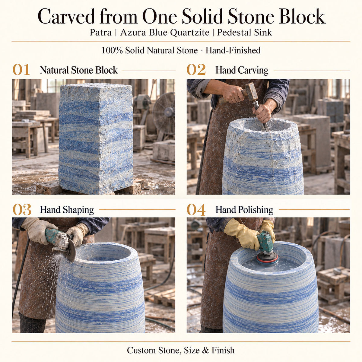 Patra Azura Blue Quartzite Pedestal Sink carved from one solid natural stone block with hand carving, shaping and polishing