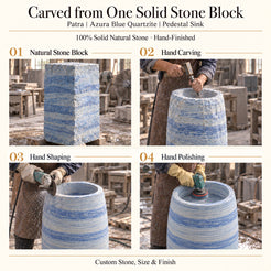 Patra Azura Blue Quartzite Pedestal Sink carved from one solid natural stone block with hand carving, shaping and polishing
