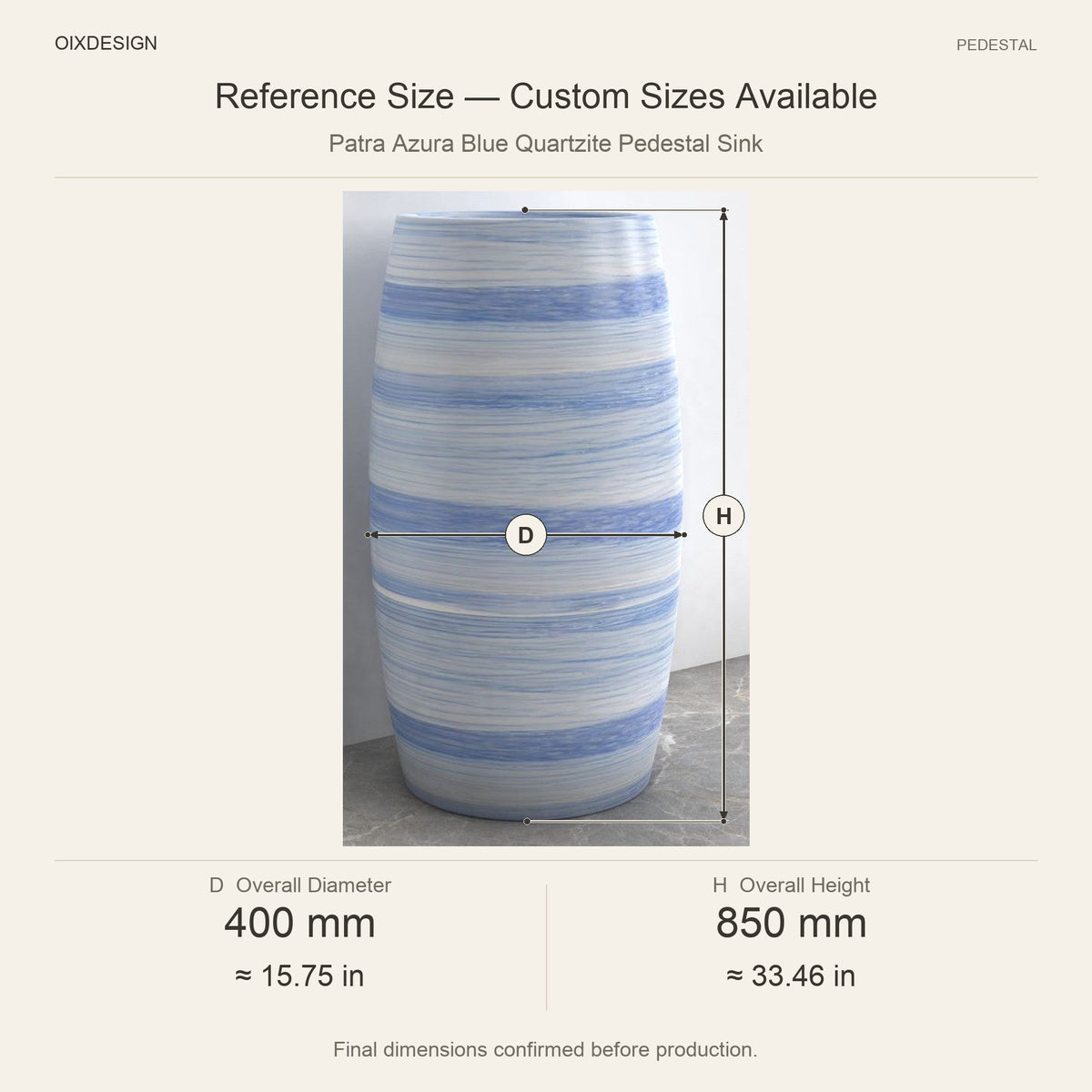 Patra Azura Blue Quartzite Pedestal Sink reference overall dimensions in millimeters and inches