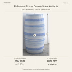 Patra Azura Blue Quartzite Pedestal Sink reference overall dimensions in millimeters and inches
