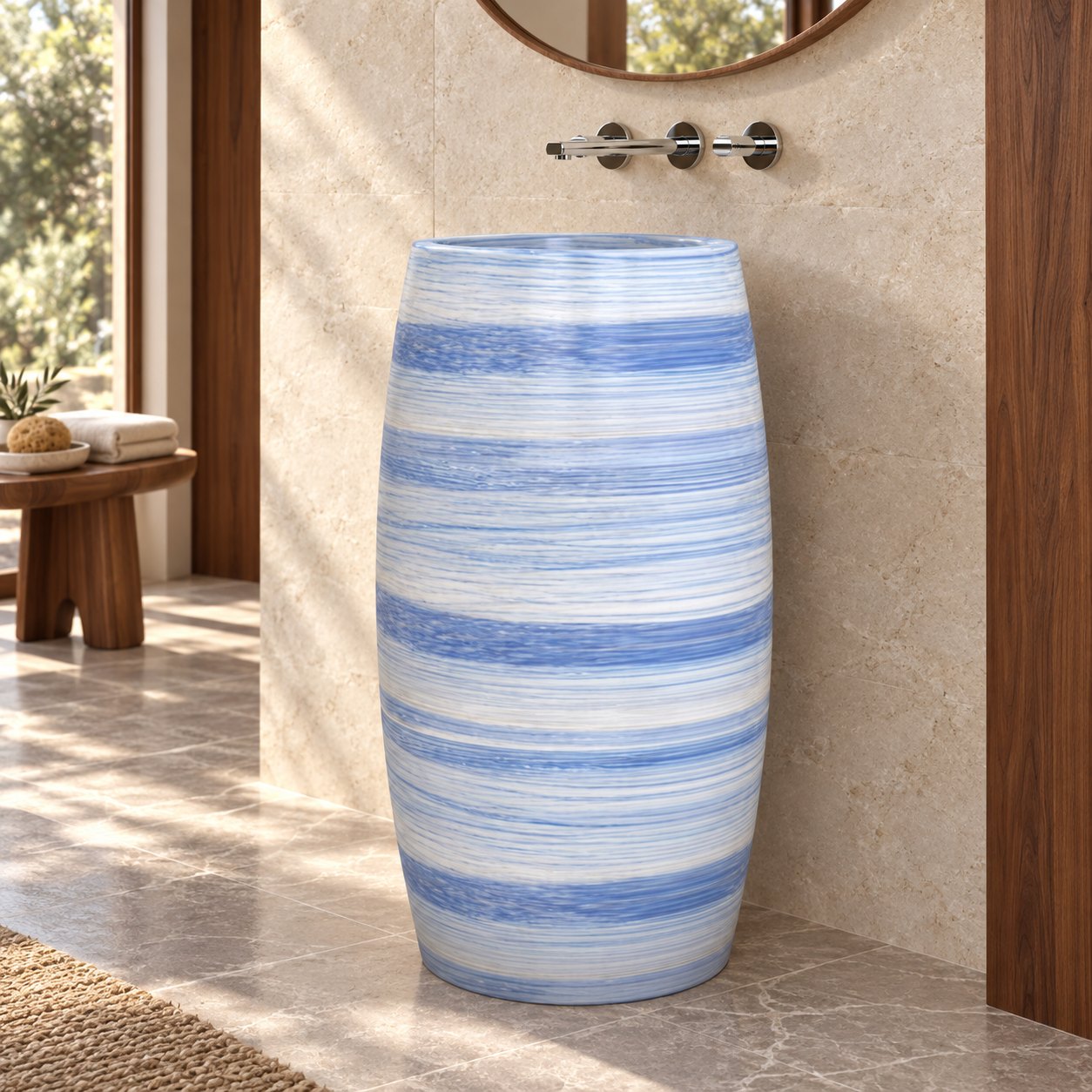 Patra Azura Blue Quartzite Pedestal Sink — warm walnut bathroom, low three-quarter full pedestal