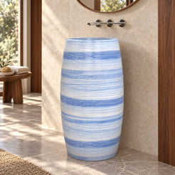 Patra Azura Blue Quartzite Pedestal Sink — warm walnut bathroom, low three-quarter full pedestal
