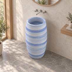 Patra Azura Blue Quartzite Pedestal Sink — light oak bathroom, elevated diagonal interior and full pedestal