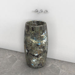 Patra Celestia Blue Quartzite Pedestal Sink — complete rounded pedestal and circular basin in a bathroom corner